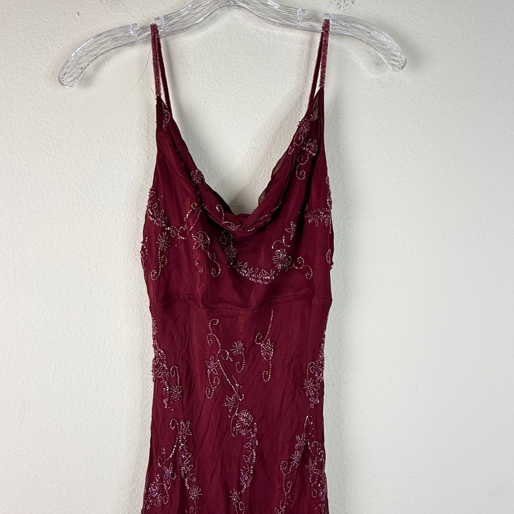 Scala Dress Womens S Burgundy Silk Beaded Handkerchief Hem Cowl Neck Y2K - Picture 4 of 9